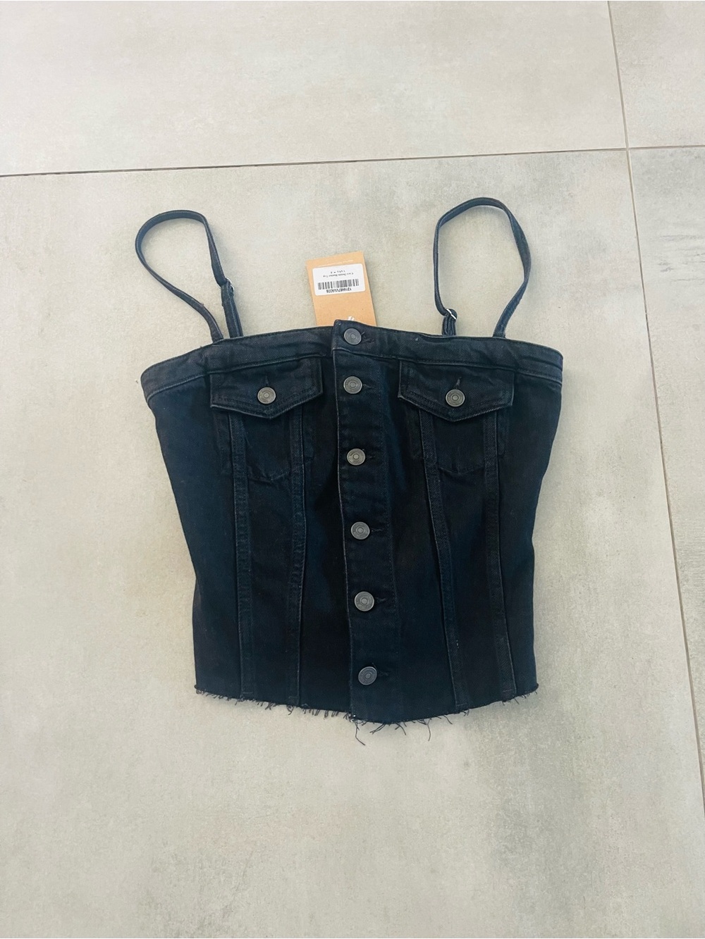 Reformation Coco Black Denim Bustier Top with Buttons